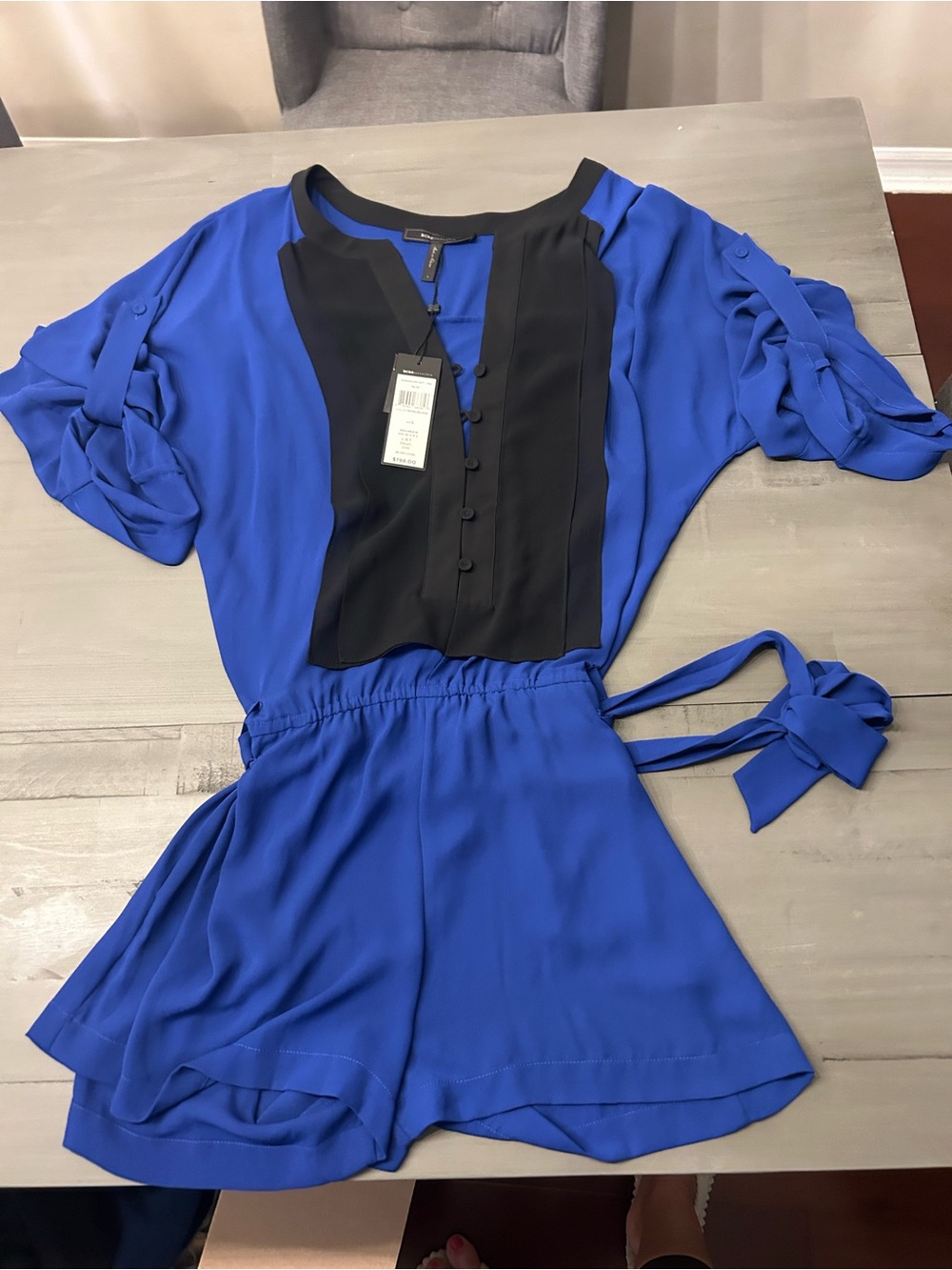 BCBGMaxAzria Royal Blue and Black Short Sleeve Tie-Waist Romper
